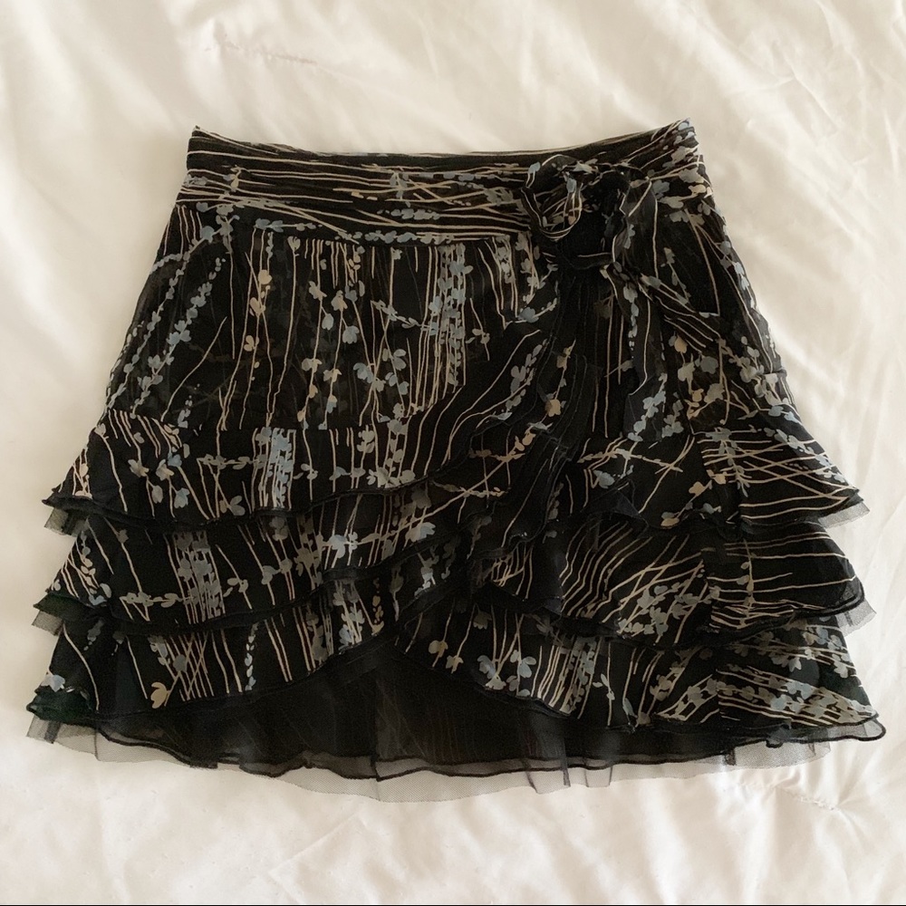BCBGMaxazria Black Floral Ruffle Wrap Tie Skirt
